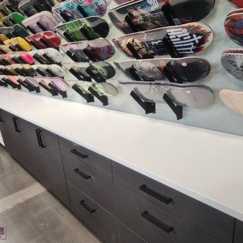 Solid surface counter in a skateboard shop