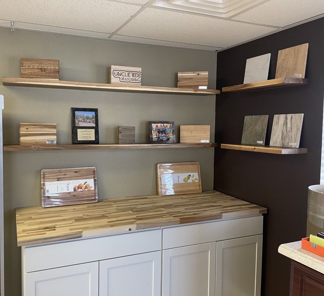 Solid surface showroom shelving fabricated and installed by The Countertop Shop