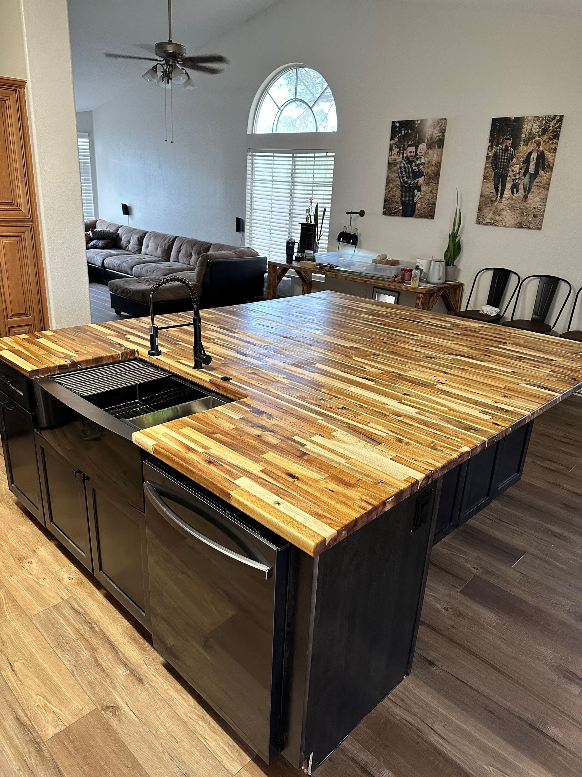 Butcher block island with undermount sink